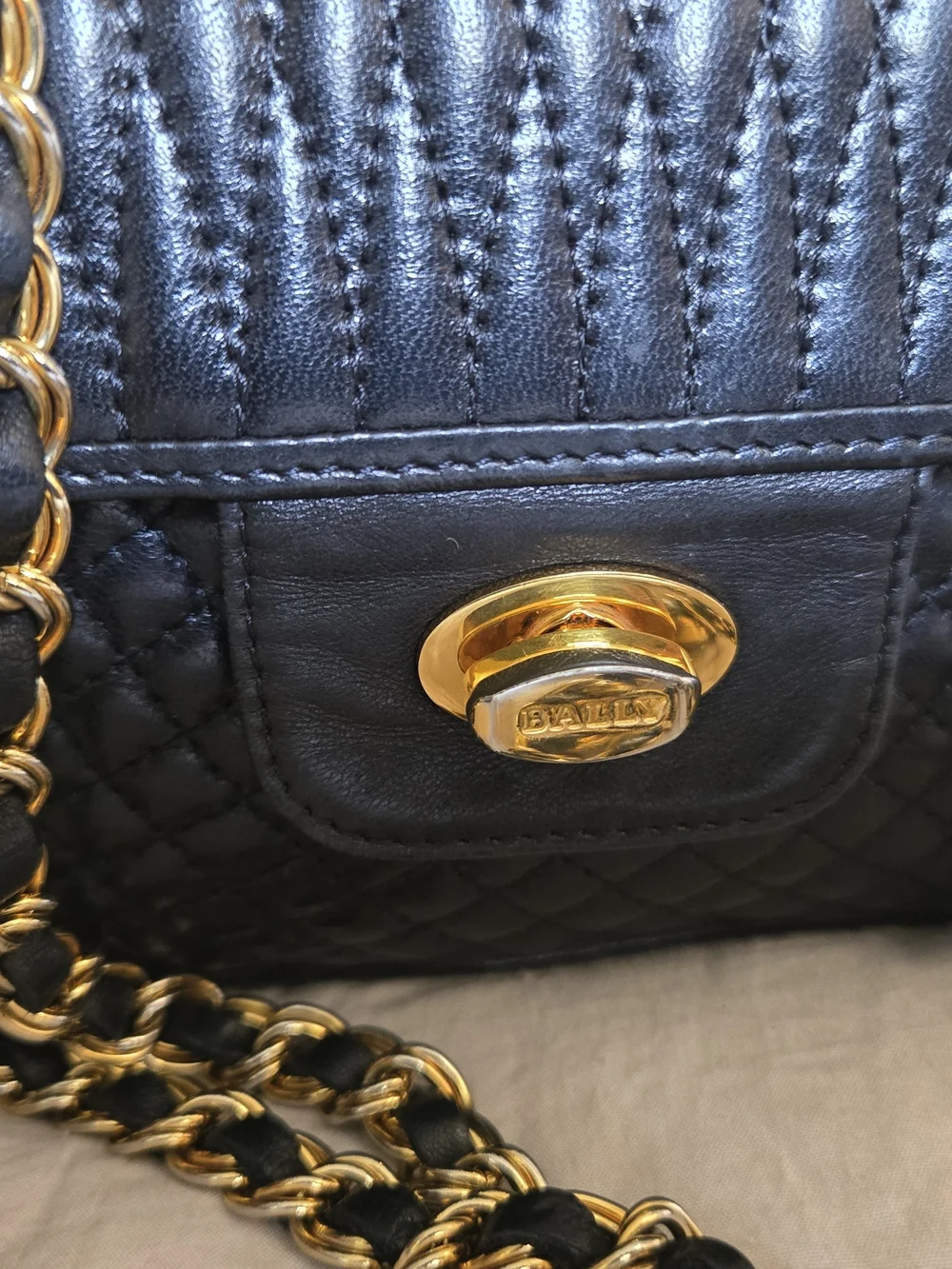 Quilted Vintage Bally Black Leather Chain Shoulder Bag with Gold Hardware